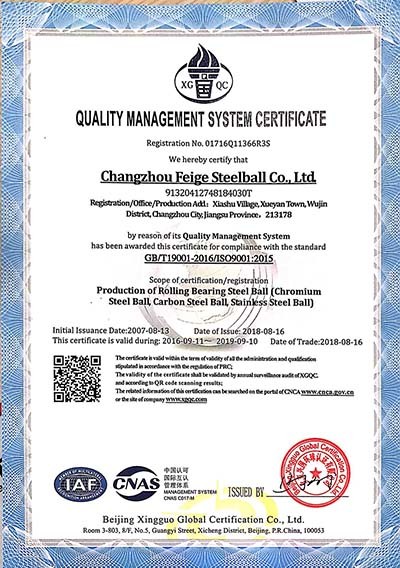 Changzhou Feige Steel Ball Co.,Ltd Certifications