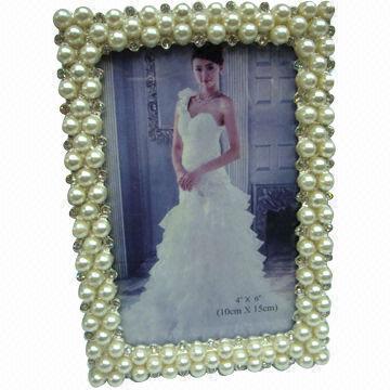 Quality Metal Photo Frame with Shinny Rhinestone and Fake Pearl, Picture Image Silver Frame for Wedding Gift for sale