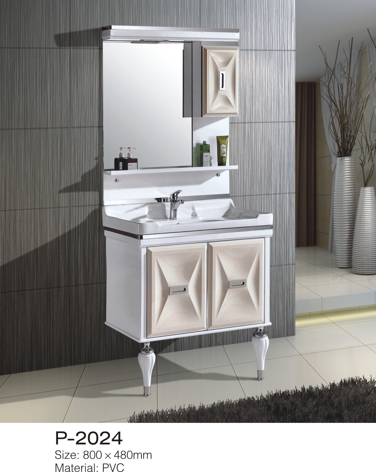 Quality Small / Large Floor Standing Mirrored Bathroom Cabinet One Piece Ceramic Basin for sale
