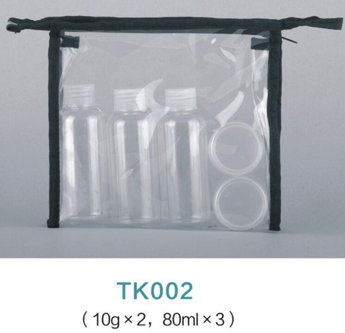 Quality hot selling products plastic transparent travel cosmetic bottles set with PVC bag 10gx2, 80mlx3 for sale