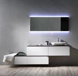 Quality Modern Style Plywood Bathroom Vanity Cabinets With Tops Lighted Makeup Mirror for sale