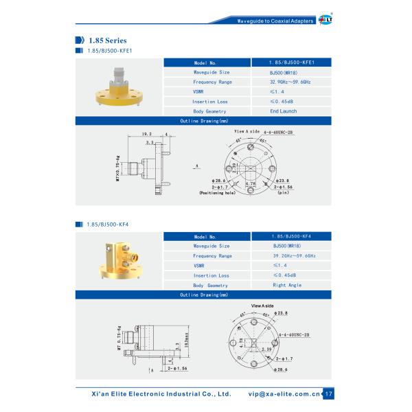 32.9GHz~59.6GHz WR19 BJ500 To 1.85mm Female End Launch Waveguide To Coax Adapter 1.85/BJ500-KFE1