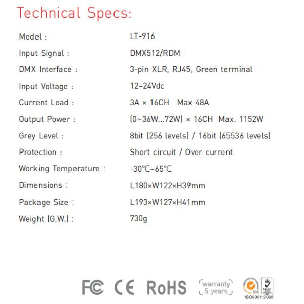 Led 16 Channel DMX Decoder Constant Voltage DC12V-24V 3A*16CH RJ45/XLR Port