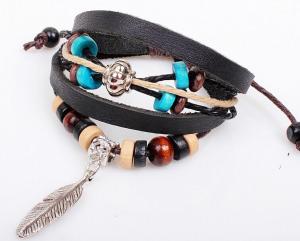 Quality Wooden bead bracelet cowhide leather feather Indian style jewelry wholesale for sale