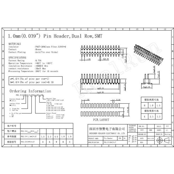PA6T 1.0mm Dual Row 2x10P SMD Pin Header Connector