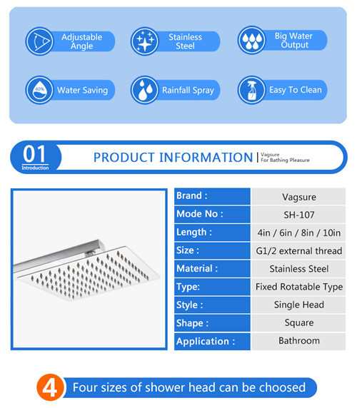 Mirror Effect Square Rain Shower Head , 360 Degree Rotation Waterfall Shower Head