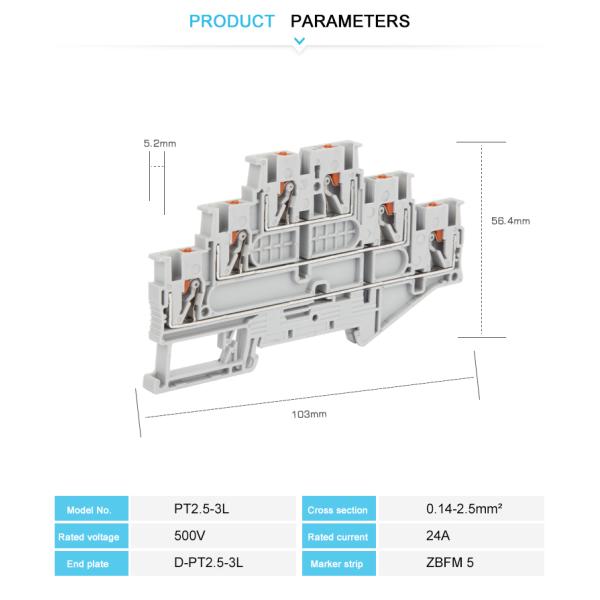 JPT2.5-3L Three Level Push In Terminal Block Din Rail Mounted Terminal Block
