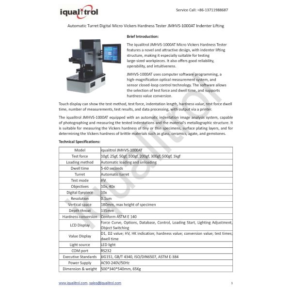 Automatic Turret Digital Micro Vickers Hardness Tester JMHVS-1000AT Indenter Lifting