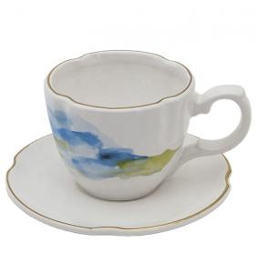 China Ceramic Tea Cup And Saucer Set European Style White Stoneware Ceramic Print Coffee Water Mug Cup on sale