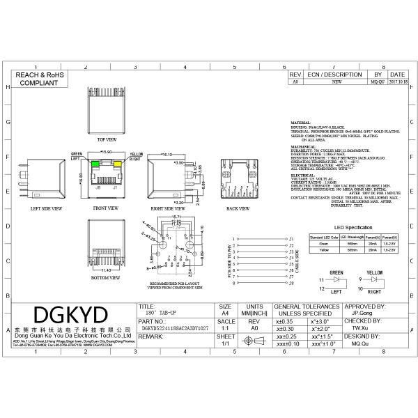 DGKYD RJ45 Connector 8P8C with LED Green/Yellow -40℃ to 85℃