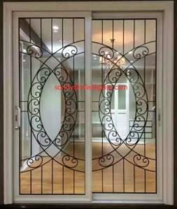 Quality Wrought iron glass panel with 12*12 black steel bar in sliding door for sale