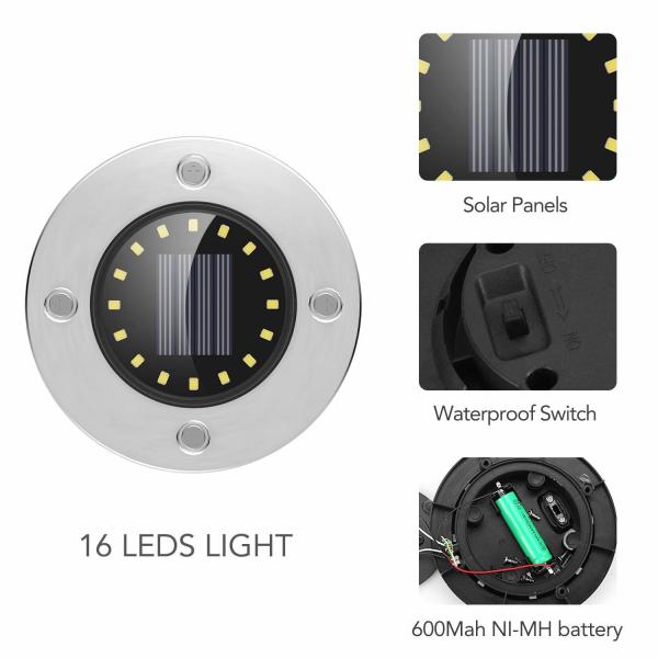 16 LEDs Solar Powered LED Ground Lights , In Ground Pathway Lights Easy Installation