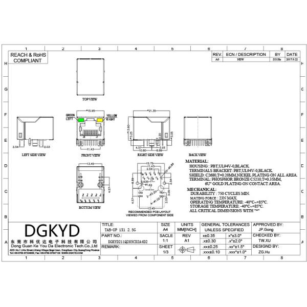 DGKYD211Q285CD2A4D2 2.5G Single Port Tab Up Connector Modular Jack Industrial RJ45 Network