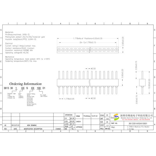 Straight Round Pin Header Connector 1.778mm Pitch