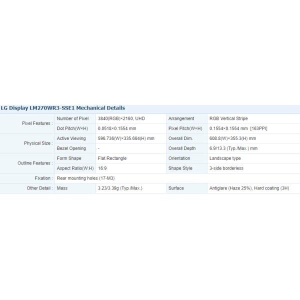 LM270WR3-SSE1 LG Display 27.0" 3840(RGB)×2160, 350 cd/m² INDUSTRIAL LCD DISPLAY