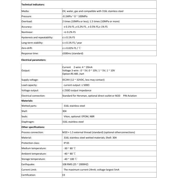 High Accuracy 4 - 20Ma Pressure Transmitter Sensor For Electric Power Light Industry Textile