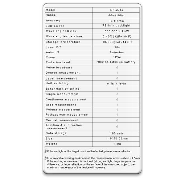 LCD Digital Multifunction Green Laser Distance Measuring 60m 100m Distance Measurement Laser Rangefinders NF-275L