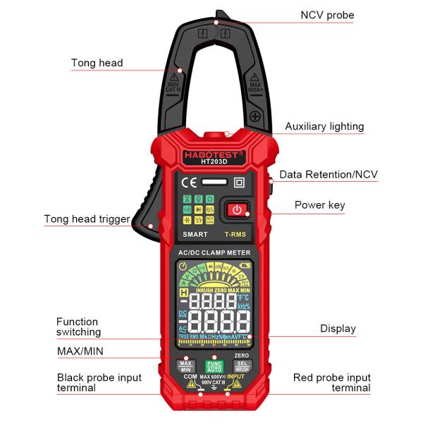 HT203D Digital Clamp Meter Multimeter AC Current And AC/DC Voltage Tester With Amp Ohm Continuity Hz Tester Voltmer
