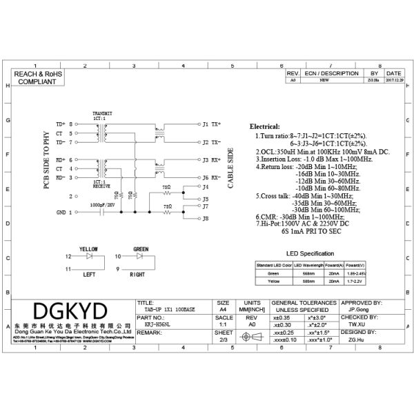 Right Angle CAT5e RJ45 Ethernet Connector female Jack with Led , Network Filter