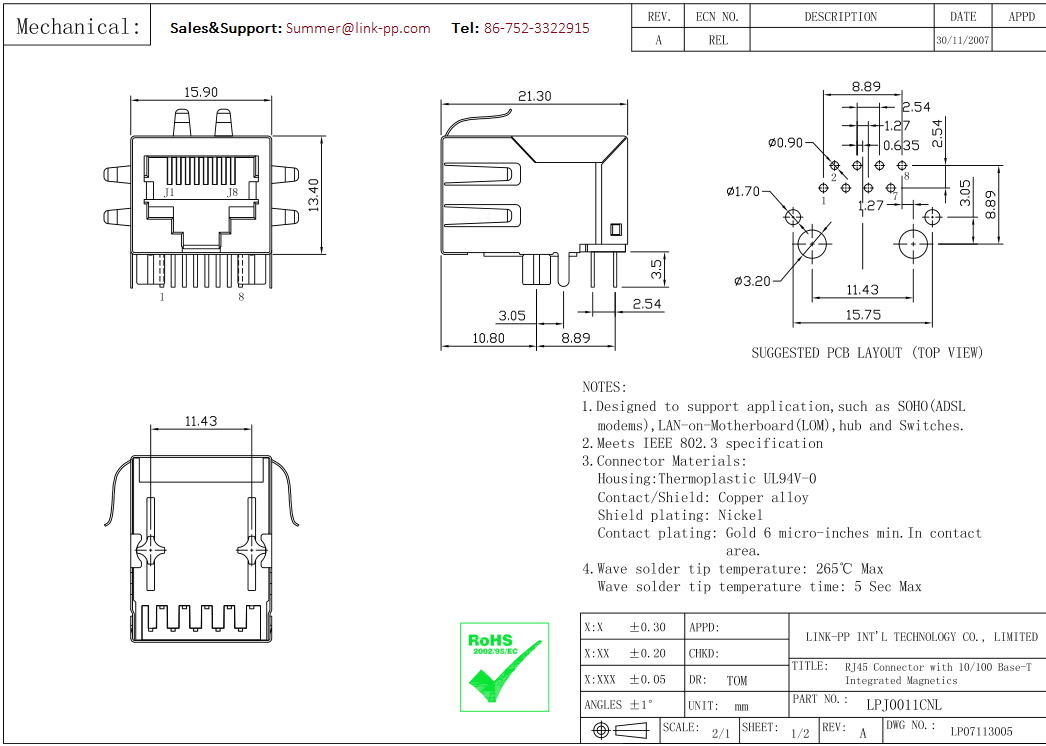 P65-POZ-18K7 RJ45 Modular Jack LPJ0011CNL 10 / 100Base-T Network Tv-set Box