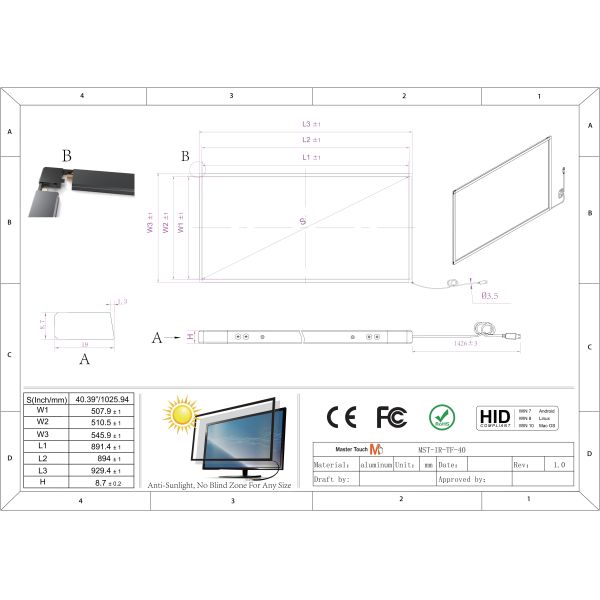 32768*32768 40 Inch Multi Touch Frame Industrial IR Touch Screen Overlay