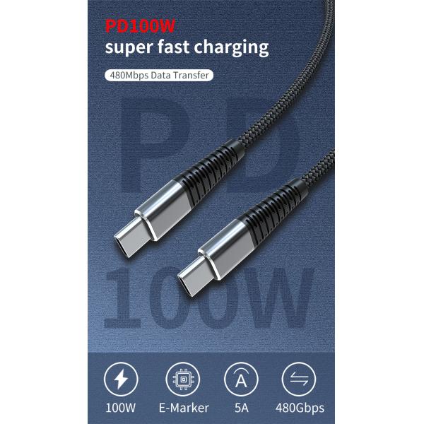 PD 100 Watt Usb C Cable , 6FT Black Type C Fast Charging Cable
