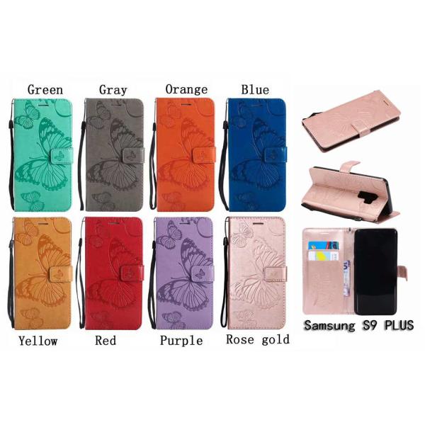 Samsung S9 Plus Embossing 3D Butterfly Leather Bracket Stand Wallet Case with wristlet strap