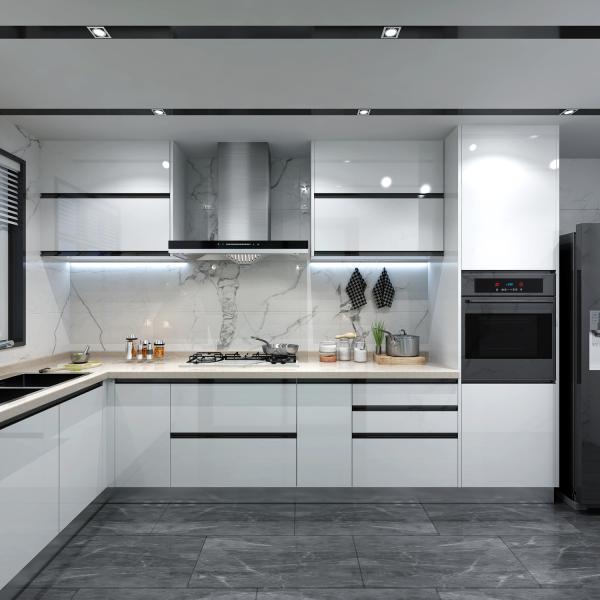 Customize High Gloss Waterproof Fireproof Kitchen Cabinet with Quartz Stone Countertop