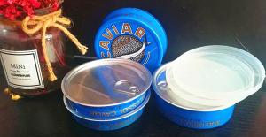 China Caviar Ring pull tin easy open caviar tin in Aluminum with plastic lid 3.5oz and 7oz on sale