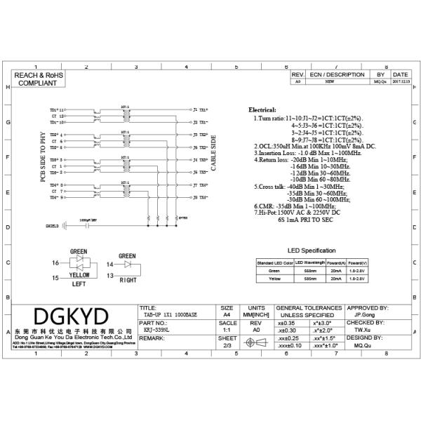 KRJ-339NL 33mm length cat6 gigabit rj45 shielded connector / plug Integrated magnetics