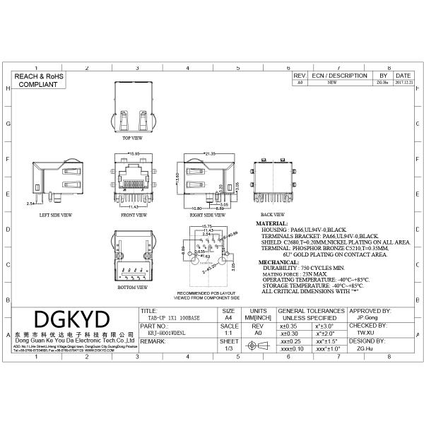 DGKYD RJ45 Single Port Connector 100M Shielded Side Entry PCB Mount