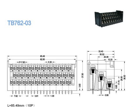 15A 10 x 3 Pin Barrier Terminal Block , High Voltage Wiring Block Connectors