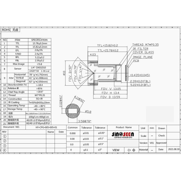 M7 Mounted Closed Circuit Surveillance Camera Module Lens 1/4 Inch EFL2.8 Lens TTL15.78mm