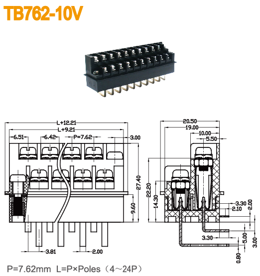 7.62mm UL CE Barrier Strip Terminal Block 300V 15A Black M3 Screw Connector For Power