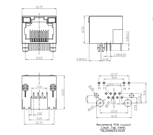 Full Plastic RJ11 RJ45 Jack With Led TAB UP 8P8C Single Port Without Transformers