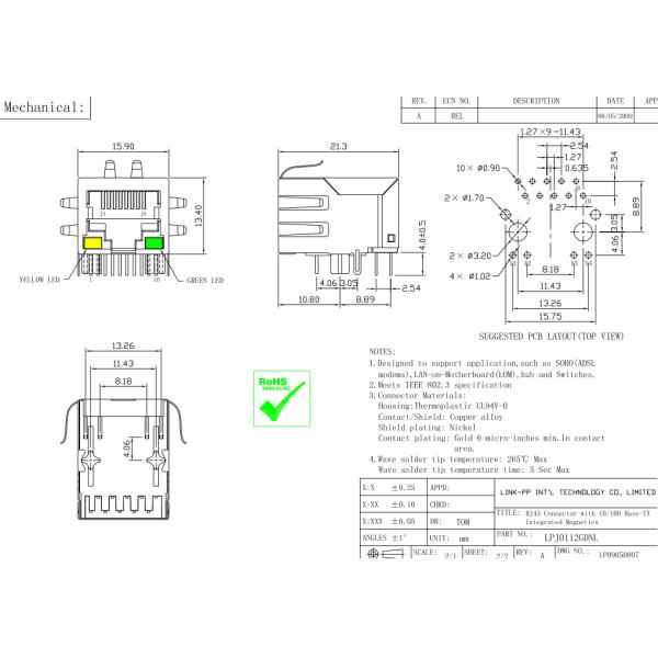 LPJ4026AANL RJ45 Modular Jack Cross XRJG-01K-1-E13-211 Lan 10/100M SGS