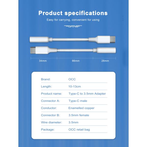 White OCC 10-13cm Usb Type C Audio Cable Type C To 3.5mm Headphone Jack