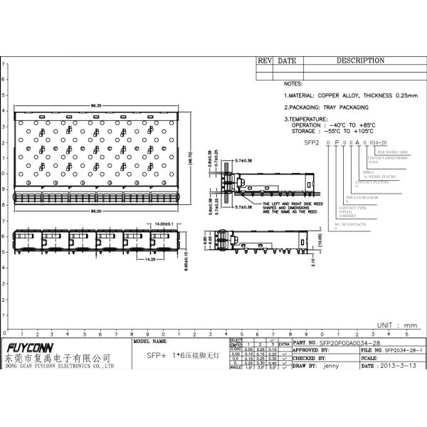 6 Port SFP+ Cage with Light Pipe Press-Fit Termination 1x6