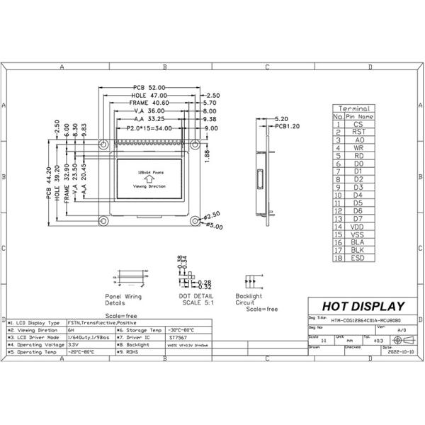 128X64 Dots Graphic FSTN COB LCD Module With White Side Backlight
