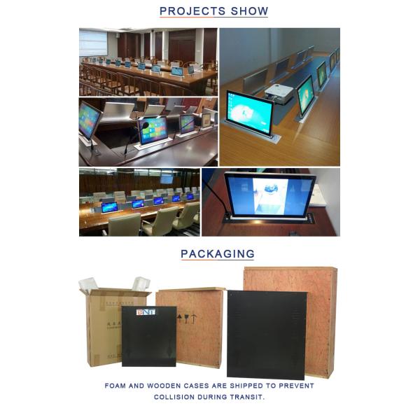 Conference system motorized lcd monitor lift mechanism with discussion microphone