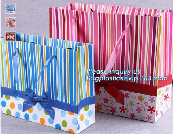 Pink paper bag Customized gold embossed Logo Gift Shopping Paper Bag With Ribbon Bow Handles Style,pink yellow, blue, pa