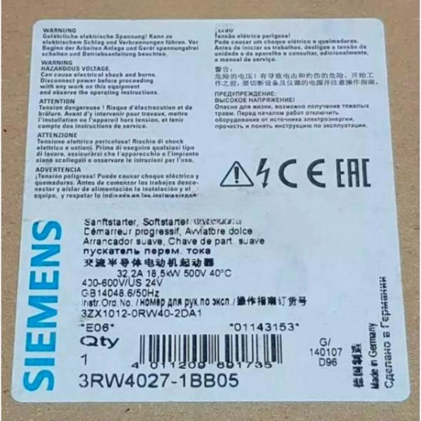 SIEMENS 3RW4027-1BB05 SIRIUS SOFT STARTER S0 32 A, 18.5 K KW/500 V, 40 °C 400-600 V AC, 24 V AC/DC SCREW TERMINALS