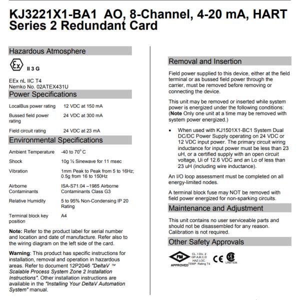 Emerson Kj3221x1-Ba1 Analog Out Hart Series 2 Delta V AO 2 Redundant Card