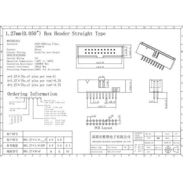 1.27mm Surface Mount Wire To Board Connector Gold Flash 180 Degree Two Rows