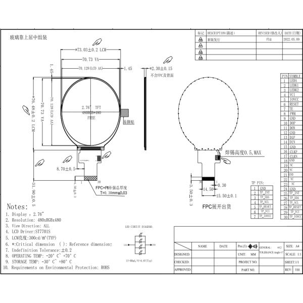 MIPI RGB Interface ST7701S IPS TFT LCD Display 2.8'' 2.76'' Round 480x480
