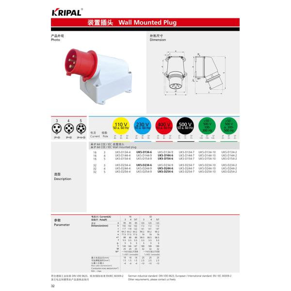 380V 415V Single Phase 32A IP44 Industrial Power Sockets