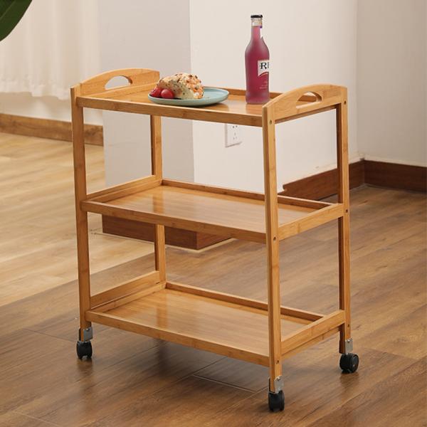 Direct Customized Logo 3 Tiers Island Cart for Hotel with Bamboo Material and Wheels