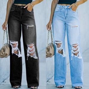 China Blue Custom Jeans Pant Spring Summer Straight Fit Pants For Women on sale