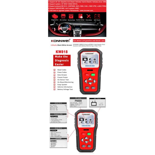 12V Computerized Eobd Obd2 Obdii Car Scanner Diagnostic KONNWEI KW818