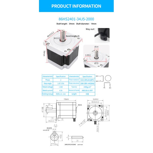 Professional Nema34 Stepper Motor for CNC Machine 4A/3A Current 80C Temperature Rise
